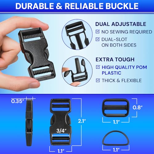 TECEUM 3/4" Nylon Strap Kit with Buckles, Black 6 yards Repair Set | Heavy duty hardware kit: 6yd webbing, 6 quick release buckles, 12 tri-glide slide clips, 6 metal D-rings for crafting. - color: Black, size: 3/4" - 6 yards, style: 6 Buckle - 12 Slides -