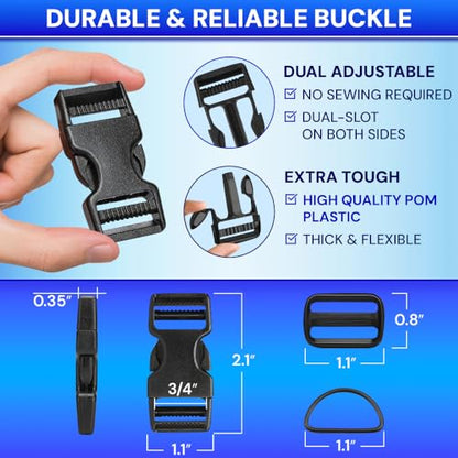 TECEUM 3/4" Nylon Strap Kit with Buckles, Black 6 yards Repair Set | Heavy duty hardware kit: 6yd webbing, 6 quick release buckles, 12 tri-glide slide clips, 6 metal D-rings for crafting. - color: Black, size: 3/4" - 6 yards, style: 6 Buckle - 12 Slides -