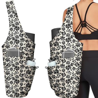 Yoga Bag for Women, Large Yoga Mat Bag Tote Carrier with Wet Dry Pocket | Water Bottle Holder & Adjustable Strap, Fits 1/2" Thick Yoga Mat for Gym, Pilates, Travel, Work - color: Black Flowers