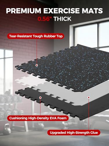 0.56" Rubber Top Gym Flooring, 24 Tiles 96 Sq Ft Heavy Duty Interlocking Gym Mats for Home Gym, Non-Slip High Density EVA Foam Workout Mat, Protect Floors from Weights, 24x24in, Black/Blue - color: Black/Blue, size: 24 Tiles (96 Sq Ft )