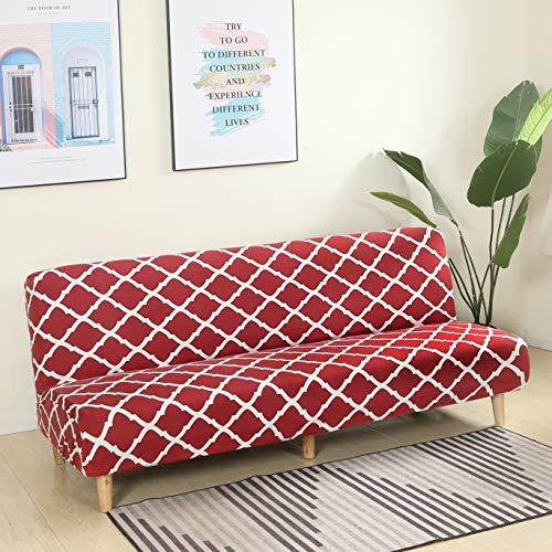 MIFXIN Armless Sofa Cover Futon Slipcover Stretch Elastic Folding Sofa Bed Non-Armrest Couch Furniture Protector Printed Washable Sofa Cover Without Armrests (Red+White) - color: Red+white