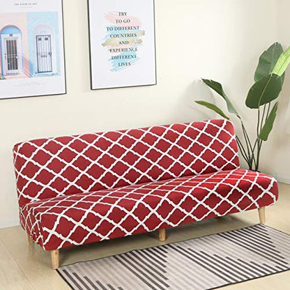 MIFXIN Armless Sofa Cover Futon Slipcover Stretch Elastic Folding Sofa Bed Non-Armrest Couch Furniture Protector Printed Washable Sofa Cover Without Armrests (Red+White) - color: Red+white