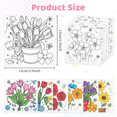 6Pcs Pre Drawn Canvas to Paint for Adults, 6x6 in Floral Art Boards | Botanical Stretched Canvas Set for Adult Ladies Night Wine and Paint Party Supplies Beginner Stress Relief Gift