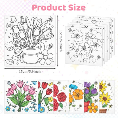 6Pcs Pre Drawn Canvas to Paint for Adults, 6x6 in Floral Art Boards | Botanical Stretched Canvas Set for Adult Ladies Night Wine and Paint Party Supplies Beginner Stress Relief Gift
