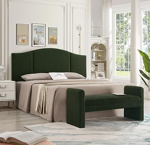 24KF Modern Upholstered Bed Bench Covered with Soft Boucle Teddy Fabric, Lovely Entryway Bench Ottoman with Armrest,5062-Dark Green - color: Dark Green Teddy Bench