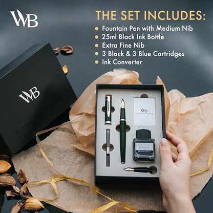 Wordsworth & Black Fountain Pen Gift Set, Medium & Extra Fine Nib, Green | For Men & Women, Brass Body, 18K German Iridium, Ink Bottle + 6 Cartridges, Converter, Writing & Calligraphy, Journaling - color: Green Chrome