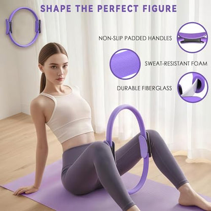 Pilates Ring Circle Set for Women, 17 Pcs Yoga Equipment Sets, with 14'' Yoga Ring, Massage Ball, Resistance Bands, Hip Thrust Belt, Hair Band, Anti Slip Socks for Legs Arms and Thighs - color: Purple