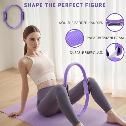 Pilates Ring Circle Set for Women, 17 Pcs Yoga Equipment Sets, with 14'' Yoga Ring, Massage Ball, Resistance Bands, Hip Thrust Belt, Hair Band, Anti Slip Socks for Legs Arms and Thighs - color: Purple