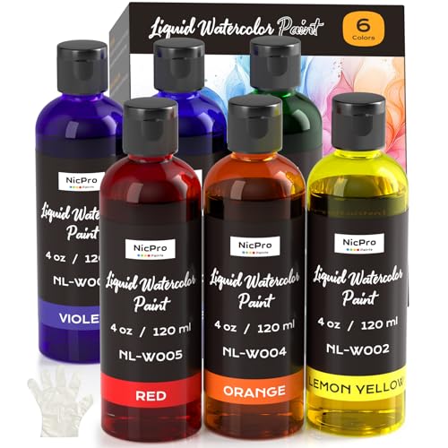 Nicpro 6 Colors Liquid Watercolor Paint Set, 4oz Non-Toxic Water Colors | Vibrant Colors Liquid Watercolor Paint, Painting Supplies for Art Activity, Craft DIY, Poster, School, Home, Classroom, Party - color: 6 Colors, size: 4 Fl Oz (Pack of 6)