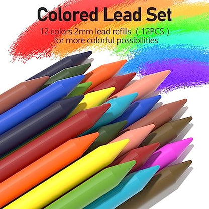 Four Candies 2MM Mechanical Pencil Set with Case, Metal, 60 Lead Refills | HB 2H 2B 4B Color graphite, with eraser, sharpener, leather case, for school writing, sketching, art drawing & drafting - size: 9 Piece Set
