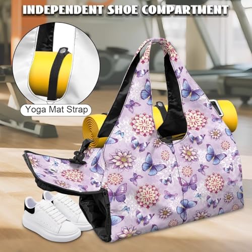 Yoga Gym Bag with Removable Adjustable Shoulder Strap, Shoe Compartment & Top Yoga Mat Holder 17.72x8.66x9.84in - color: Butterfly Mandala Floral Print