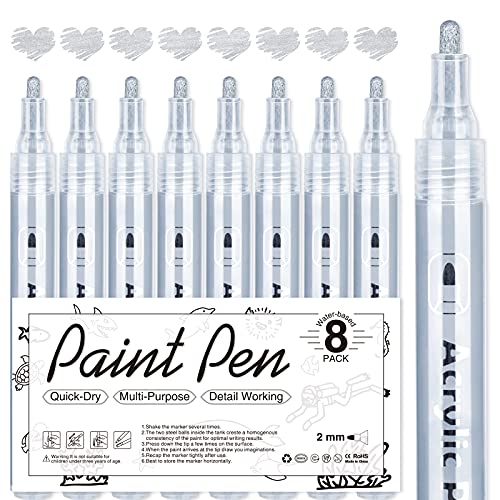 AKARUED Silver Acrylic Paint Markers, 8 Pack Acrylic Silver Paint Pen Sets for Rock Painting, Wood, Stone, Glass, Ceramic, Paper, Drawing, Art Projects, DIY Crafts, Water-Based ink, 2-3mm Medium Tip - color: Silver
