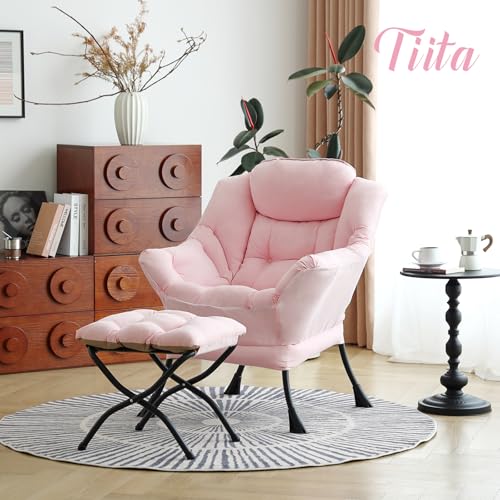 Tiita Lazy Chair with Ottoman, Comfy Reading Accent Chair, Pink - color: Peach Skin Pink