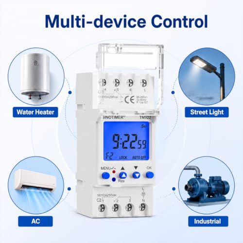 TM922 2 Channels Big LCD Display Programmable Timer Time Clock Switch with Two Relays Independent 16A Outputs (Blue Backlight) - size: Input 85-265VAC