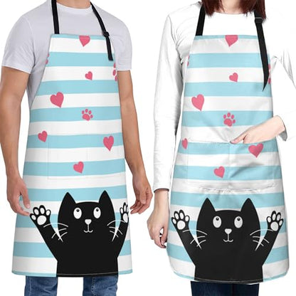 Art Apron with Pocket for Women Men | Kitchen Aprons Chef Apron for Cooking Baking BBQ Painting Gardening - color: Black Cat With Love Heart