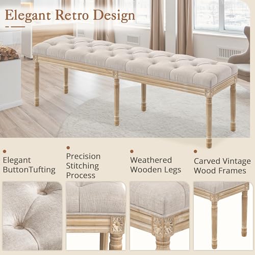 LUE BONA 60" Fabric End of Bed Bench, Upholstered Tufted French Bedroom Bench with Carved Legs for Bedroom End of King Size Bed, Living Room, Linen - color: Linen and Wood, size: 60''