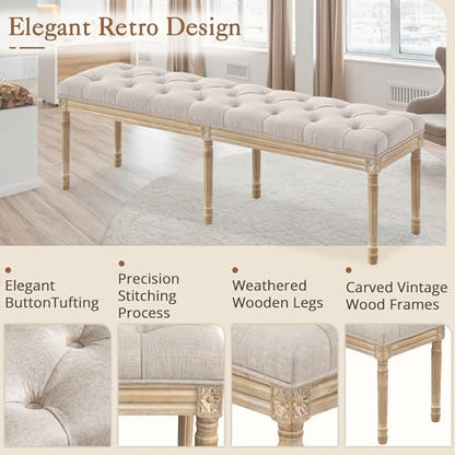 LUE BONA 60" Fabric End of Bed Bench, Upholstered Tufted French Bedroom Bench with Carved Legs for Bedroom End of King Size Bed, Living Room, Linen - color: Linen and Wood, size: 60''