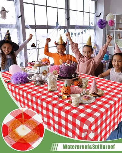 Smiry 8 Packs Gingham Disposable Table Cloth, 54 x 108 Inch Waterproof Plastic Tablecloth, Rectangle Red and White Checkered Table Covers for Picnic, Party, Birthday, Banquet - color: Red and White, size: 54"x108" (Pack of 8)