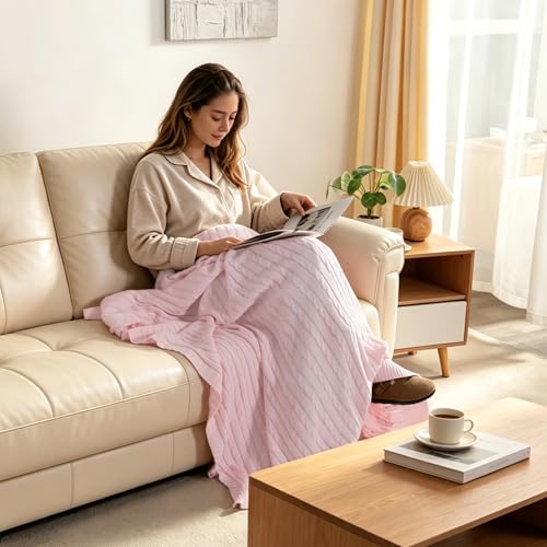 NTBAY Cotton Cable Knit Throw Blanket, 51 x 67, Baby Pink - color: Baby Pink, size: Throw(51"x67")