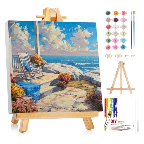 Framed Paint by Numbers Kit for Adults Beginner & Kids Ages 8-12 Beach Adult Paint by Number Kits on Canvas with Easel Landscape Painting by Numbers for Adults with Frame DIY Painting Kits 8x8 Inch - color: NZB29, size: 8x8 Inch