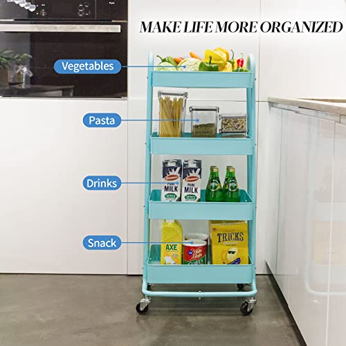elabo 4-Tier Metal Mesh Utility Rolling Cart, Storage Organizer Trolley Services Cart with Lockable Wheels for Kitchen, Bathroom, Living Room (Blue) - color: Blue