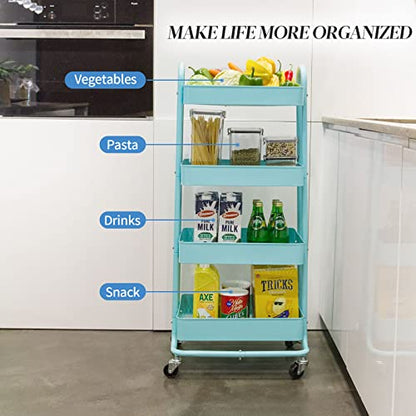 elabo 4-Tier Metal Mesh Utility Rolling Cart, Storage Organizer Trolley Services Cart with Lockable Wheels for Kitchen, Bathroom, Living Room (Blue) - color: Blue