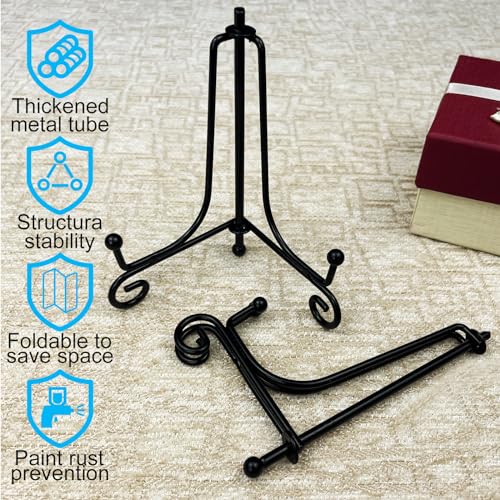 HENABLE 4PCS Premium Black Iron Plate Stands for Display 4 Inch, Decorative Solid Metal Plate Holders for Displaying, Mini Easel, Frame, Book, Card, Plaque, Bowl, Picture Stands for Display - size: 4PCS 4IN