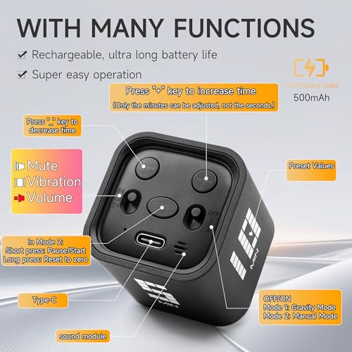 Rotating Productivity Timer, 5, 10, 30, 60 Minute Presets, Desk Cube | Gravity sensor with mute function; ADHD-friendly for work, study, kitchen and back to school - color: Blackb
