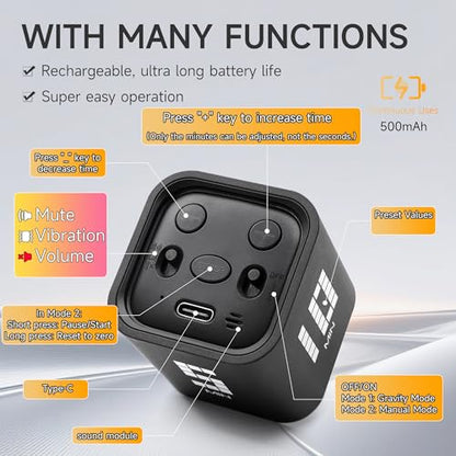 Rotating Productivity Timer, 5, 10, 30, 60 Minute Presets, Desk Cube | Gravity sensor with mute function; ADHD-friendly for work, study, kitchen and back to school - color: Blackb