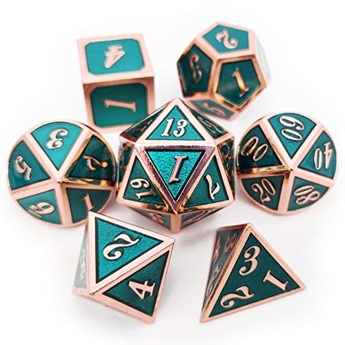 Haxtec Metal DND Dice Set, 7 Pcs Teal Polyhedral Dice for Table Games | Copper D&D Dice with Leather Bag, Compatible with Dungeons and Dragons, Ancient Heavy Metallic, Druid Dice, RPG Gifts - color: Copper Teal