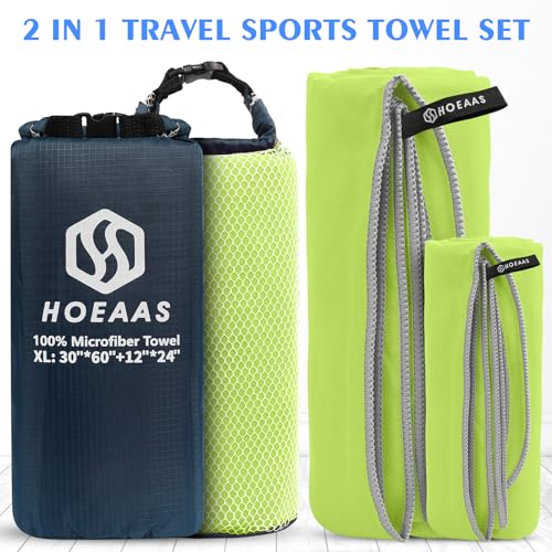HOEAAS 2 Pack Microfiber Camping Towels, Quick Dry Towel, Super Absorbent Ultra Compact Travel Towel Soft Lightweight Sports Towel for Sweat Fast Drying Towels for Pool,Gym,Hiking,Backpacking,Fitness - color: Green, size: M: 40" x 20"+24" x 12"