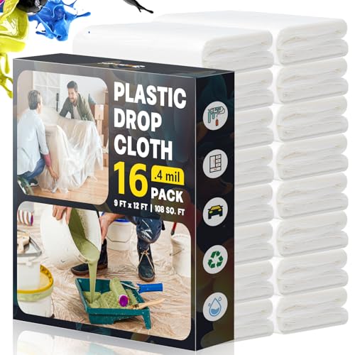 Plastic Drop Cloths for Painting, 9x12 Ft Plastic Sheeting, 0.4Mil, 16-Pack | Clear Painter's Plastic Filim, Dust-proof Waterproof Painting Supplies for Furniture, Floor, Couch Protector - size: 16 PCS 9x12 Ft