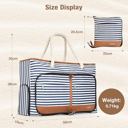 Beach Bag for Women - 35L Large Tote Bag, Waterproof & Sandproof, Zippered Carry On Bag for Pool, Beach & Travel - color: Striped
