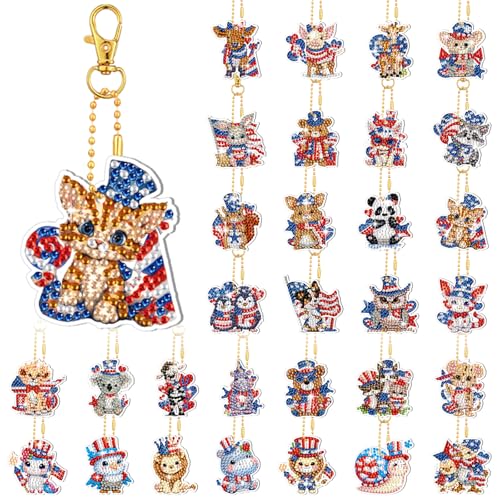 WILLBOND 30 Pcs 4th of July Animals Diamond Art Keychain Kits for Adults Independence Day Patriotic Diamond Painting Keyring Double Sided American Flag Red White Blue Hanging Ornaments for DIY Crafts - color: 4th of July