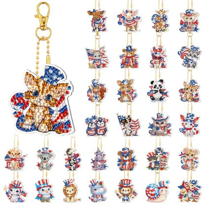 WILLBOND 30 Pcs 4th of July Animals Diamond Art Keychain Kits for Adults Independence Day Patriotic Diamond Painting Keyring Double Sided American Flag Red White Blue Hanging Ornaments for DIY Crafts - color: 4th of July