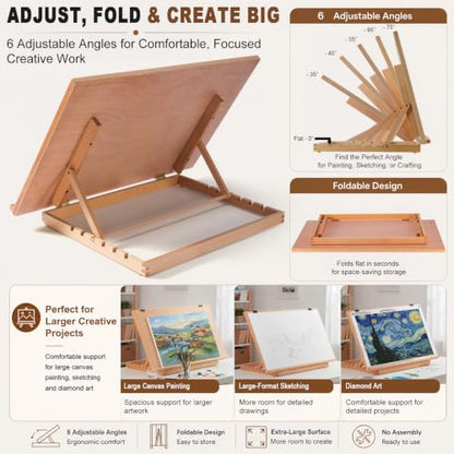 24.9"x17.3" Beechwood Tabletop Easel with Paint and Sketch Papers,Mask Tape | Extra Large Adjustable Art Easel Stand, Drawing Board for Painting, Sketching and Diamond Art - style: A2