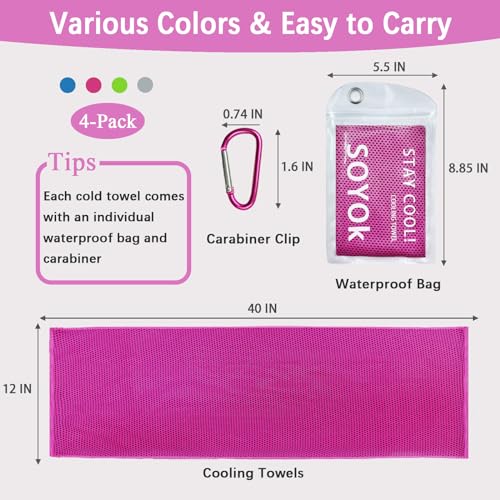 4 Packs Cooling Towel, 40" x 12" Microfiber Cooling Towels for Neck and Face, Soft Breathable Gym Towel for Working Out with Waterproof Bag & Carabiner, Sweat Towels for Running, Yoga, Travel, Climb | High-density microfiber,Soft Breathable,Portable,Reusa