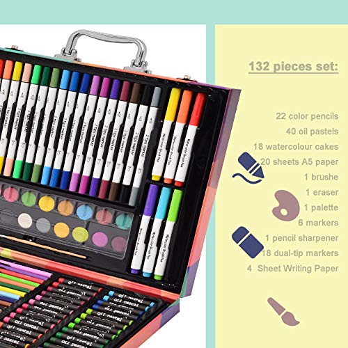 Darnassus 132-Piece Art Set, Deluxe Professional Color Set, Art Kit for Kids and Adult, With Compact Portable Case - color: Pink