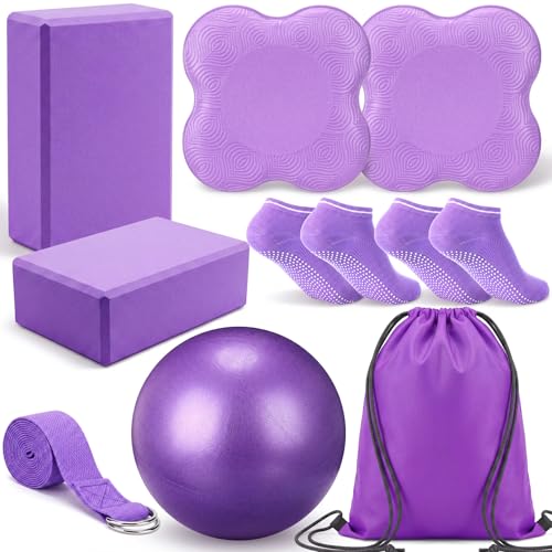 9 Pcs Yoga Set with EVA Foam Yoga Blocks Brick Tpe Cushion Knee Pads Strap Non Slip Socks Sport Ball Drawing Bag, Portable Fitness Equipment for Studio Gym Home Sport - color: Purple