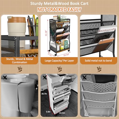 DAOUTIME 8 Tier Rolling Book Cart with Wheels, Mobile Book Storage Cart with 2 Sides Access Bookcase for Narrow Space, Rolling File Organizers and Storage for Home Office Living Room Classroom School