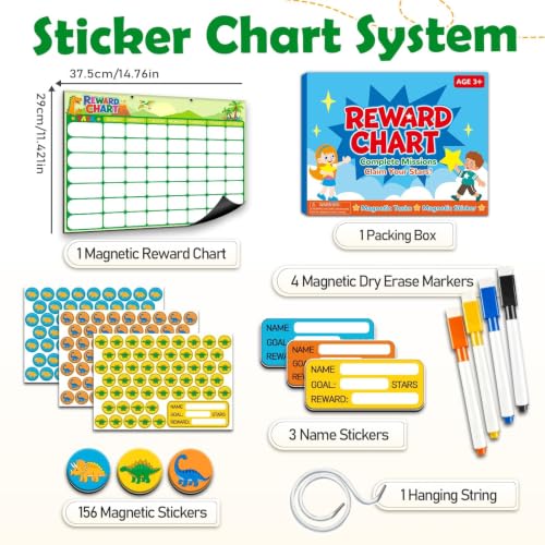 Magnetic Reward Chart for Kids, Customizable Dry Erase Weekly Chore Chart - size: 3 Kids-Dinosaurs