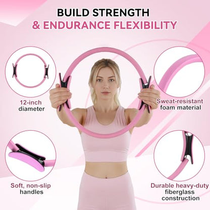 LiKiLiKi Pilates Ring and Ball Set, Home Pilates Equipment for Women with Resistance Bands, 12'' Magic Circle, 9.8'' Ball, for Strength, Toning and Flexibility, Fitness Essentials Starter Accessories - color: Pink