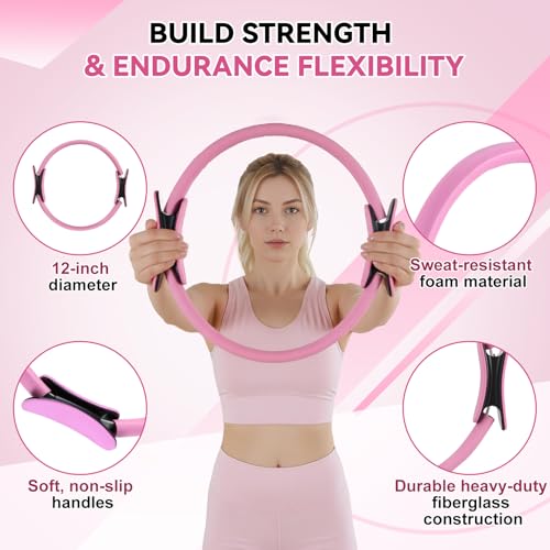 LiKiLiKi Pilates Ring and Ball Set, Home Pilates Equipment for Women with Resistance Bands, 12'' Magic Circle, 9.8'' Ball, for Strength, Toning and Flexibility, Fitness Essentials Starter Accessories - color: Pink