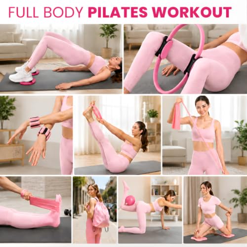 Pilates Kit for Home Workouts, 20-in-1 Pilates Equipment Set with 14.5" Pilates Ring, Pilates Ball, Resistance Bands, Ankle Weights, Exercise Sliders, Yoga Ring & Knee Pads for Joint Protection