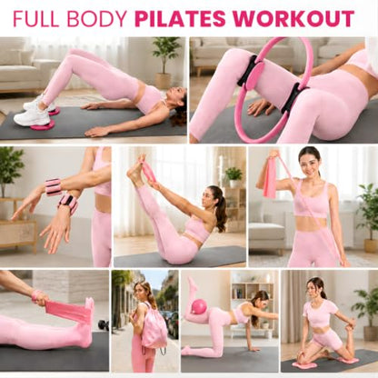 Pilates Kit for Home Workouts, 20-in-1 Pilates Equipment Set with 14.5" Pilates Ring, Pilates Ball, Resistance Bands, Ankle Weights, Exercise Sliders, Yoga Ring & Knee Pads for Joint Protection
