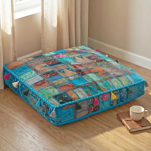 THE ART BOX 35" X 35" Large Boxed Shaped Premium Hypoallergenic Square Stuffer Best for Meditation Floor Pillow Cover, Mandala Ottoman Cushion, Dog Beds, Lounger, Pet Beds - color: Turquoise