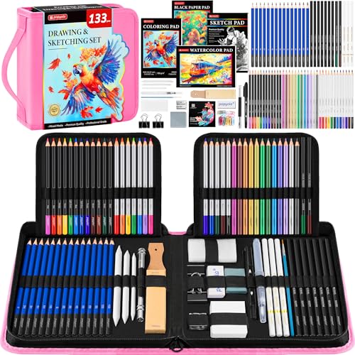 133 Pack Drawing Set Sketching Kit, Pro Art Supplies Sketch Pencils Set | with Sketch Book, Coloring Book, Watercolor Pad, Black Paper Pad, Graphite Colored Charcoal Watercolor & Metallic Pencils - color: Pink, size: 133 Pack
