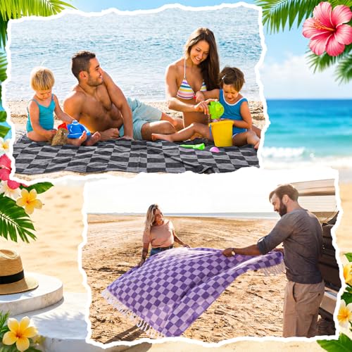 Peryiter 16 Pcs Oversized Cotton Turkish Beach Towels with Storage Bags - Quick Dry, Sand-Free, Lightweight, Checkerboard 35x71 Inch Towels for Pool, Beach, Yoga, Camping, Spa