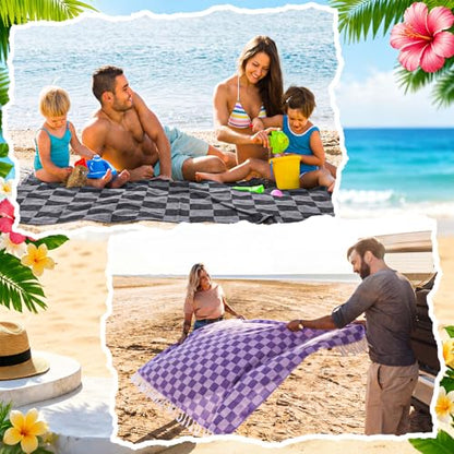 Peryiter 16 Pcs Oversized Cotton Turkish Beach Towels with Storage Bags - Quick Dry, Sand-Free, Lightweight, Checkerboard 35x71 Inch Towels for Pool, Beach, Yoga, Camping, Spa