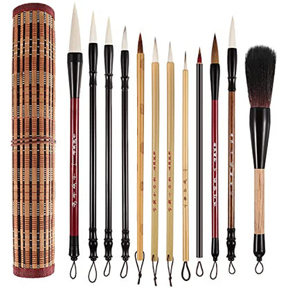 12 Pieces Chinese Calligraphy Brush Set with Sumi Watercolor | Roll-Up Bamboo Holder, Japanese Kanji Writing, Ink Painting, Goat Hair Tips, Beginner Artist Kit